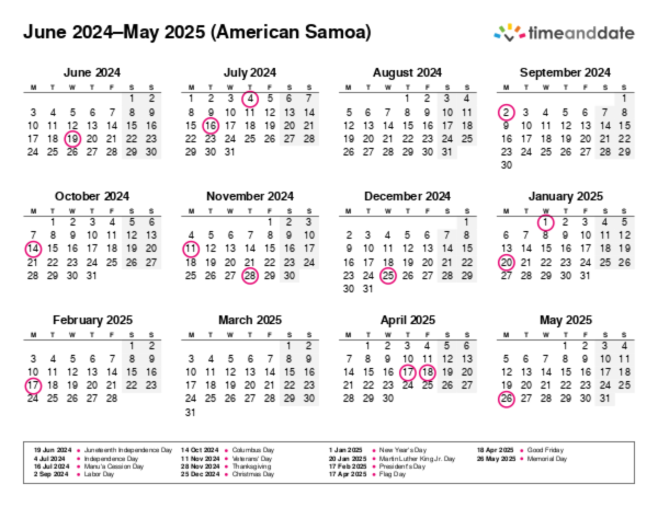 Calendar for 2024 in American Samoa
