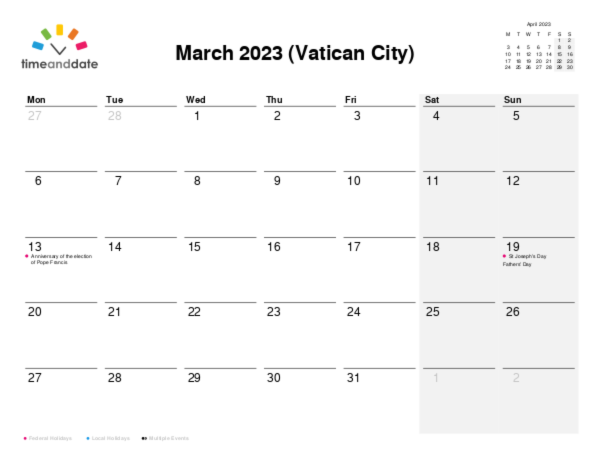 Calendar for 2023 in Vatican City