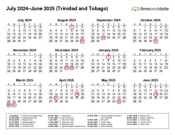 Calendar for 2024 in Trinidad and Tobago
