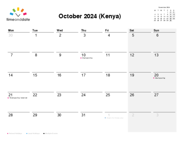 Calendar for 2024 in Kenya