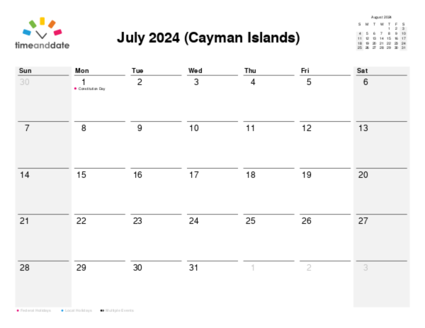 Calendar for 2024 in Cayman Islands