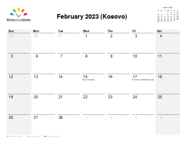 Calendar for 2023 in Kosovo