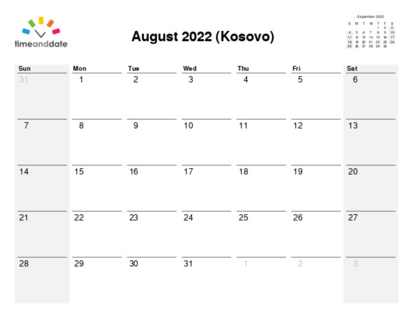Calendar for 2022 in Kosovo