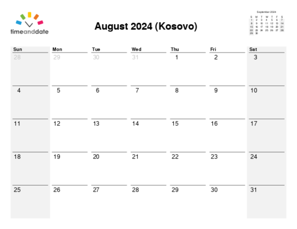 Calendar for 2024 in Kosovo
