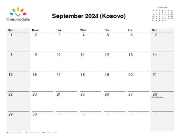 Calendar for 2024 in Kosovo