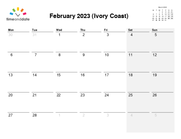 Calendar for 2023 in Ivory Coast