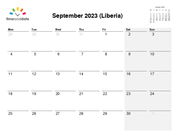 Calendar for 2023 in Liberia
