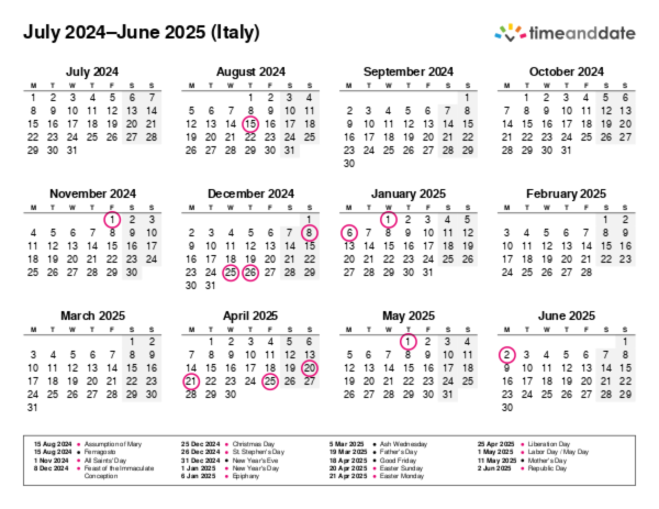 Calendar for 2024 in Italy