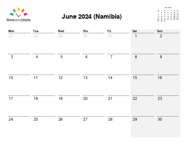 Calendar for 2024 in Namibia