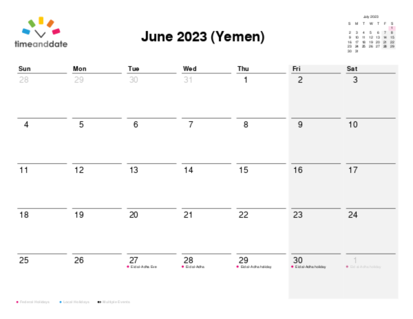 Calendar for 2023 in Yemen