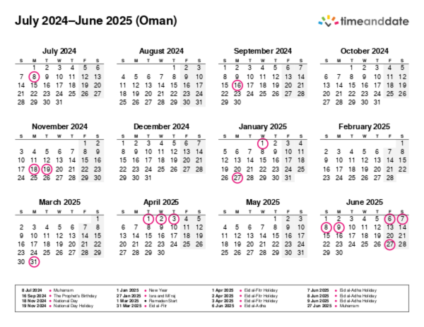 Calendar for 2024 in Oman