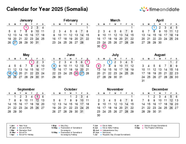 Free Printable Calendar with Holidays for Somalia