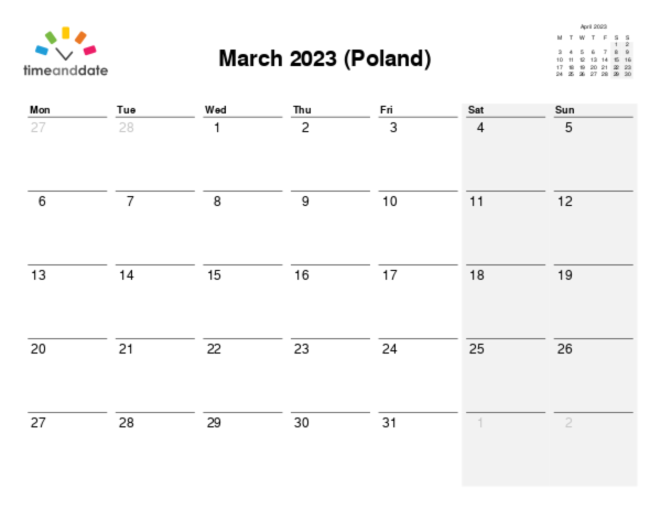 Calendar for 2023 in Poland