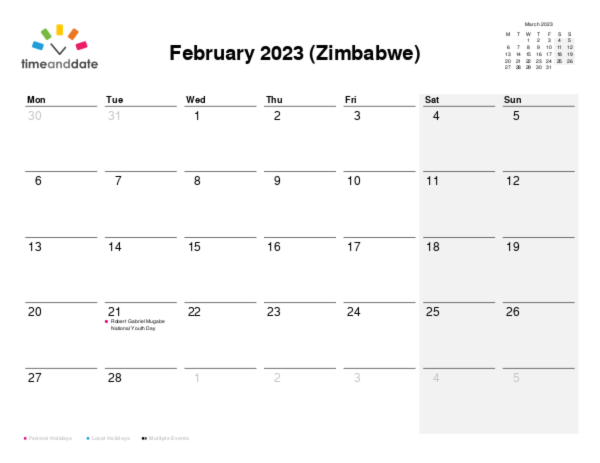 Calendar for 2023 in Zimbabwe
