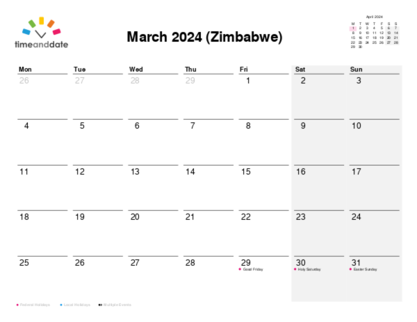 Calendar for 2024 in Zimbabwe
