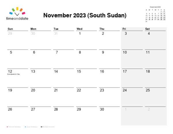 Calendar for 2023 in South Sudan