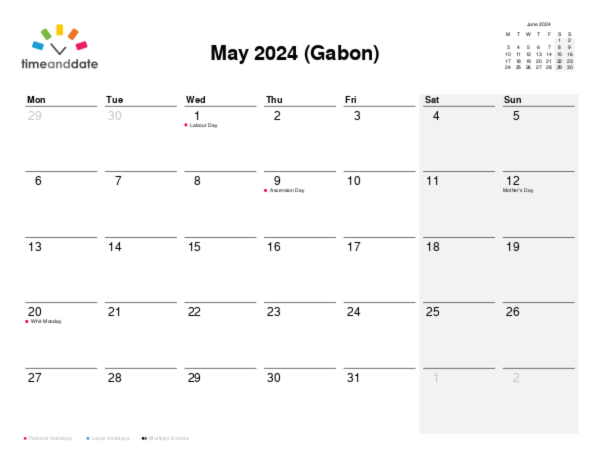 Calendar for 2024 in Gabon