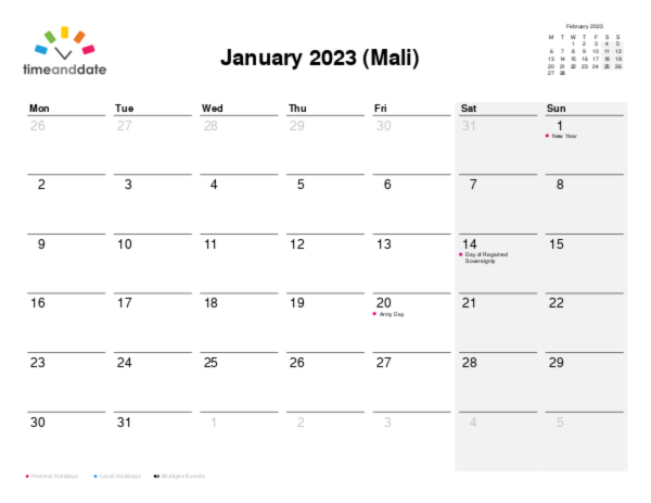 Calendar for 2023 in Mali
