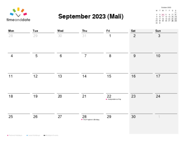 Calendar for 2023 in Mali