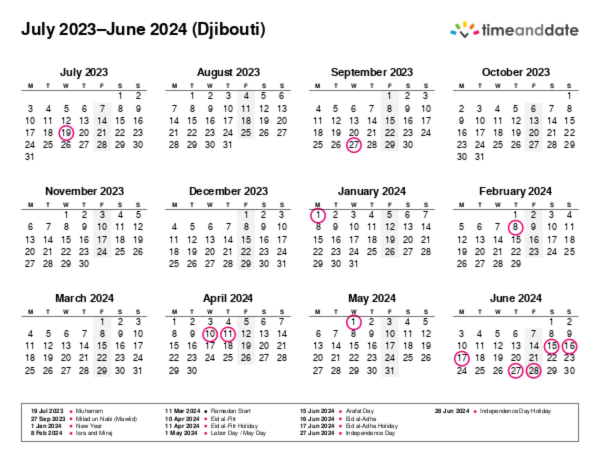 Calendar for 2023 in Djibouti