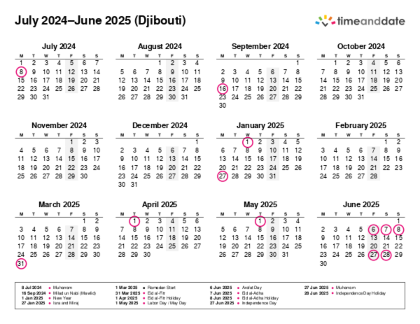 Calendar for 2024 in Djibouti