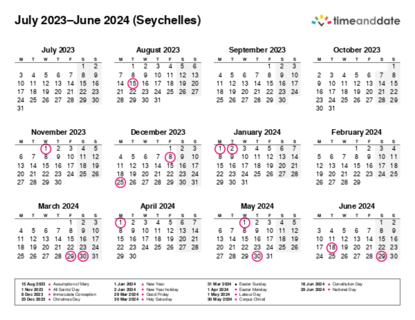 Calendar for 2023 in Seychelles