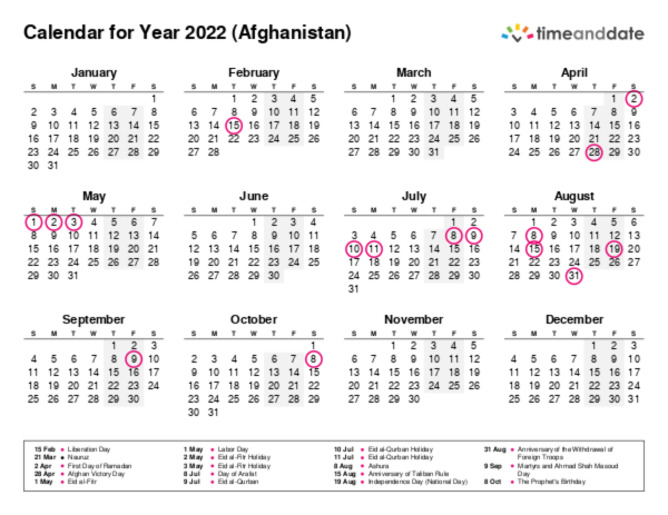 Printable Calendar 2022 for Afghanistan (PDF)