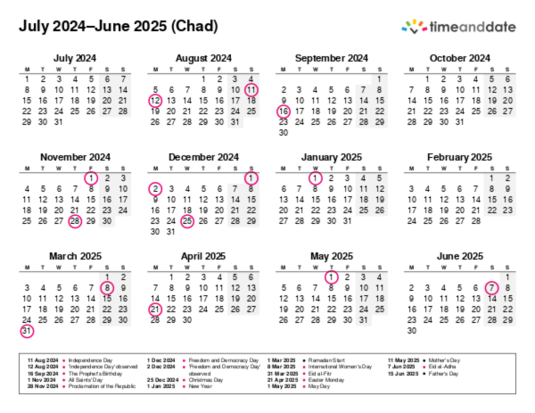 Calendar for 2024 in Chad