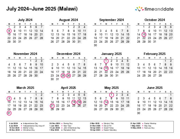 Calendar for 2024 in Malawi