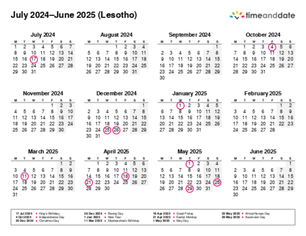 Calendar for 2024 in Lesotho
