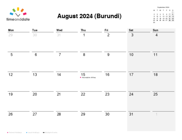 Calendar for 2024 in Burundi
