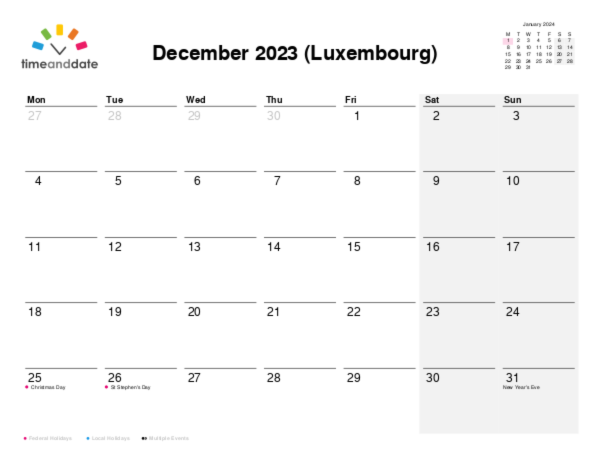 Calendar for 2023 in Luxembourg