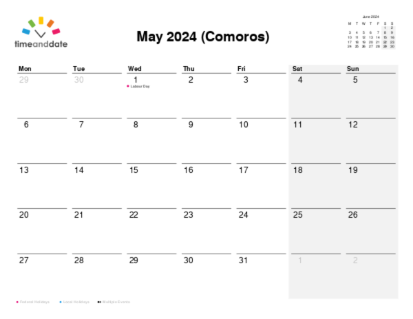 Calendar for 2024 in Comoros