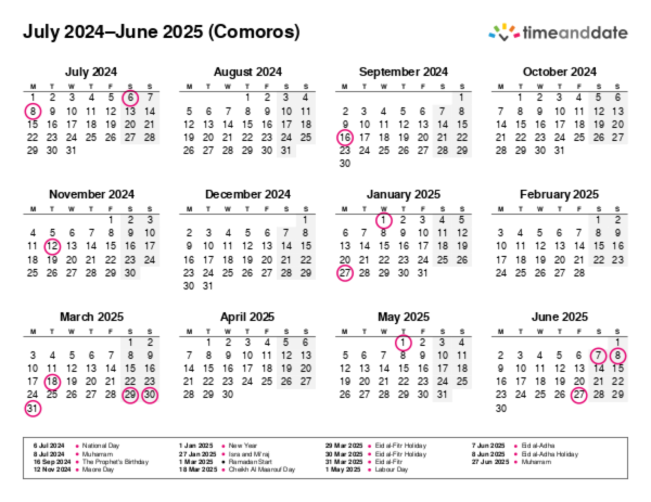 Calendar for 2024 in Comoros