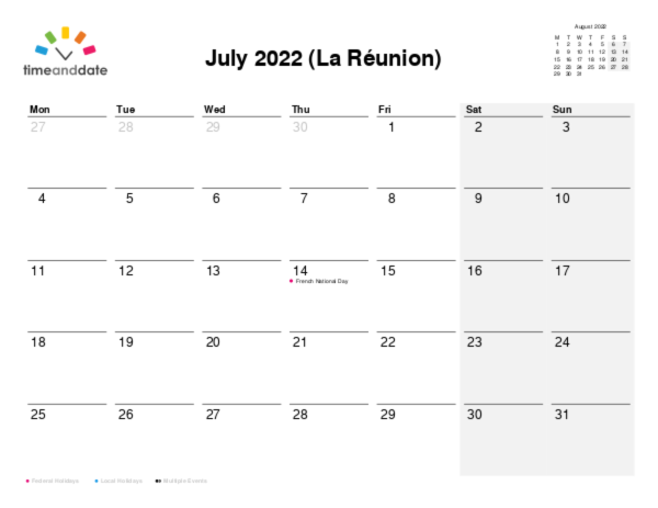 Calendar for 2022 in La Réunion