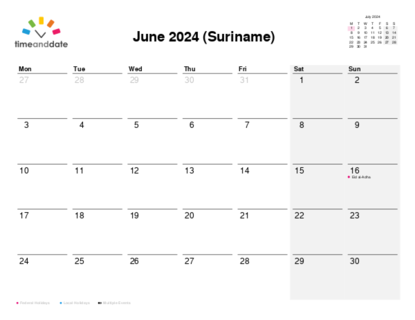Calendar for 2024 in Suriname