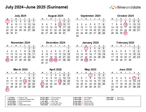Calendar for 2024 in Suriname