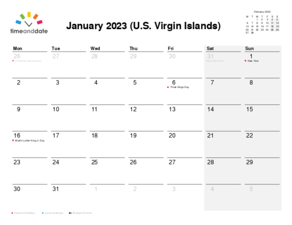 Calendar for 2023 in U.S. Virgin Islands
