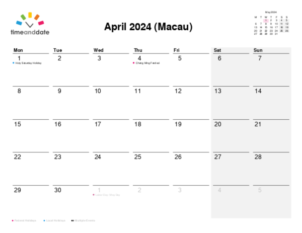 Calendar for 2024 in Macau