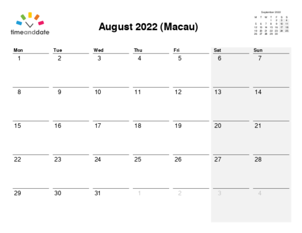 Calendar for 2022 in Macau