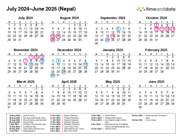 Calendar for 2024 in Nepal