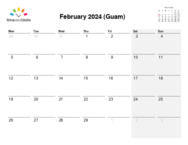 Calendar for 2024 in Guam