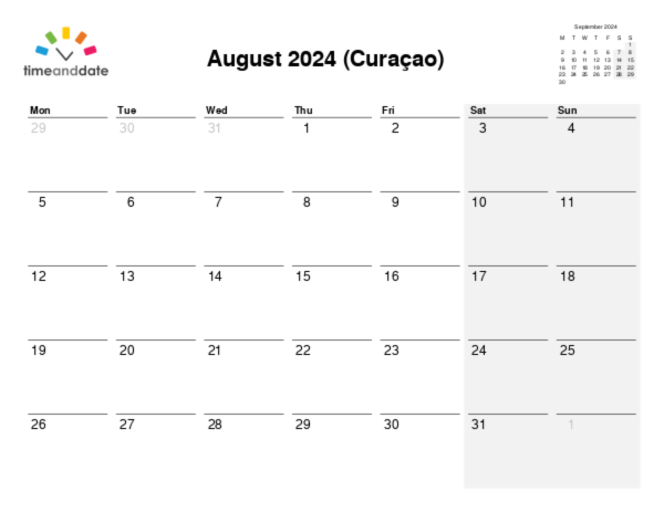 Calendar for 2024 in Curaçao