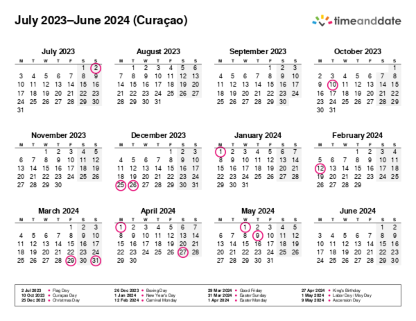 Calendar for 2023 in Curaçao