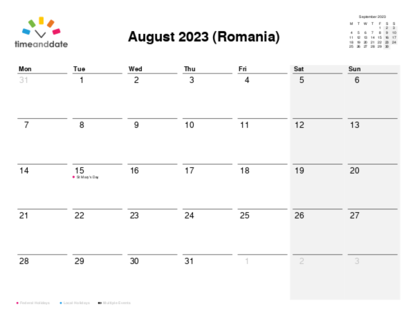 Calendar for 2023 in Romania