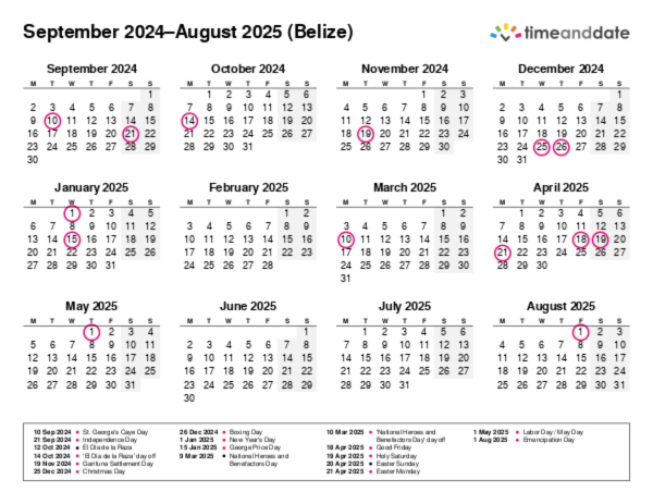 Calendar for 2024 in Belize