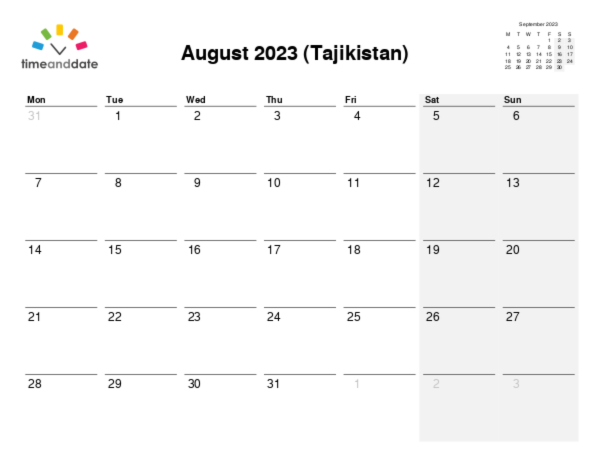 Calendar for 2023 in Tajikistan