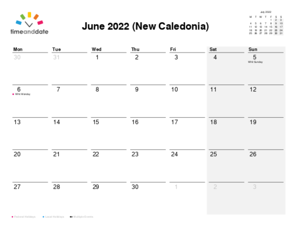 Calendar for 2022 in New Caledonia