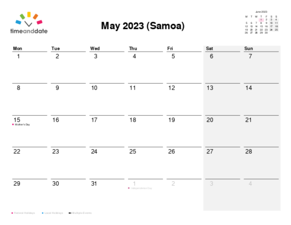 Calendar for 2023 in Samoa