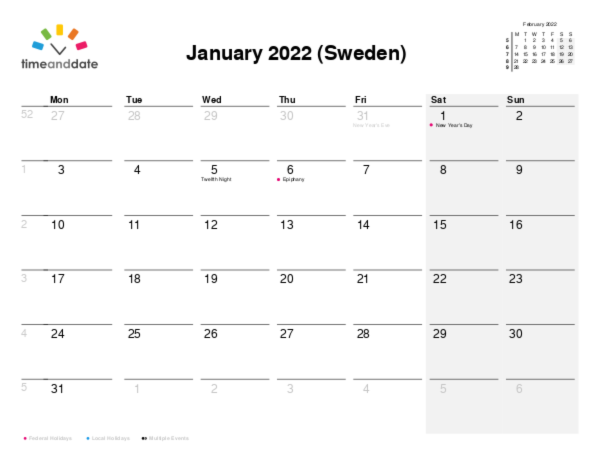 Calendar for 2022 in Sweden